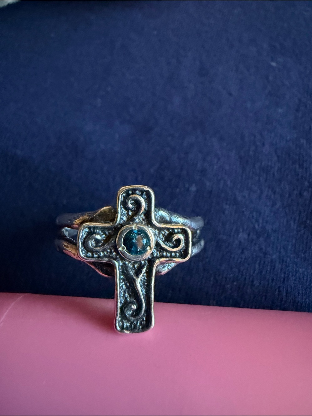 Sterling Silver Cross Ring with Blue Gemstone